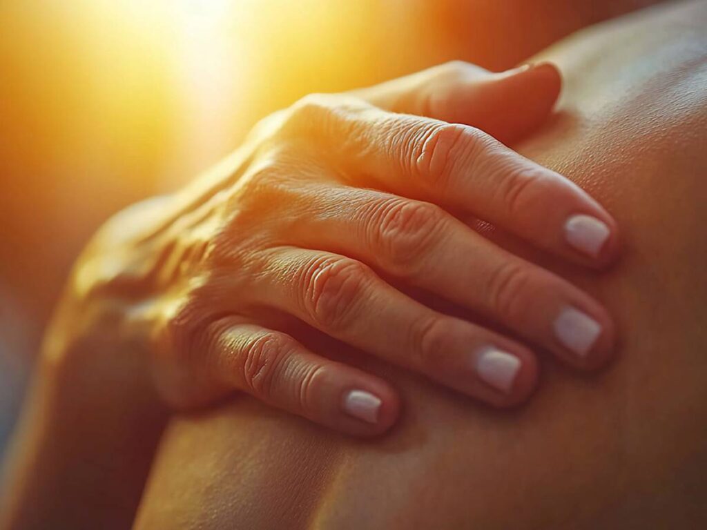 Close-up of hand on knee illustrating pain relief with StemWave sound wave therapy